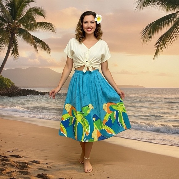 Malia Honolulu Dresses & Skirts - Malia Honolulu VTG 100% Cotton Skirt 14 A-Line Parrot Print Tropical Vacation
